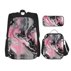 OdDdot Schultaschen-Sets Rucksäcke für Mädchen Schultaschen für Studenten Arbeit Mittagessen Tasche Federmäppchen Unisex Lila Lavendel Blumen Blumen, Rosa abstrakte Tinte marmoriert grau künstlerisch, von OdDdot