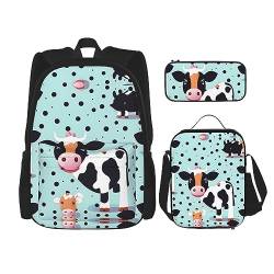 OdDdot Schultaschen-Sets Rucksäcke für Mädchen Schultaschen für Studenten Arbeit Mittagessen Tasche Federmäppchen Unisex Niedliche Dackel Hunde, Süße Kuh mit Punkten, Einheitsgröße von OdDdot