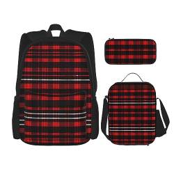 OdDdot Schultaschen-Sets Rucksäcke für Mädchen Schultaschen für Studenten Arbeit Mittagessen Tasche Federmäppchen Unisex Pomeranians Muster, Kariert, rot und schwarz, Einheitsgröße von OdDdot