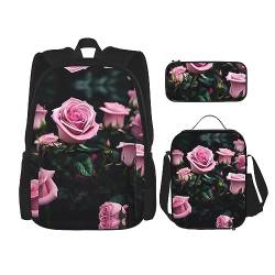 OdDdot Schultaschen-Sets Rucksäcke für Mädchen Schultaschen für Studenten Arbeit Mittagessen Tasche Federmäppchen Unisex Pomeranians Muster, Rosa Rosenaufdruck, Einheitsgröße von OdDdot