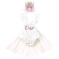 1 Geburtstag Mädchen Outfit Kurzarm Blume Spitze Strampler Body Prinzessin Tutu Tüllkleid + Kronen Stirnband Babykleidung Baby Erster Geburtstag Sommer Kleidung Weiß(mit Krone) 9–12 Monate von Odizli