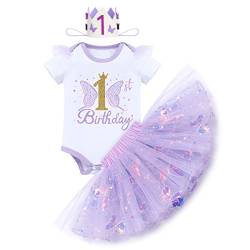 1 Geburtstag Mädchen Outfit Kurzarm Strampler Body+Glitzer Pailletten Schmetterling Tütü Prinzessin Tüllrock+Geburtstagskrone 3tlg Babykleidung Erster Geburtstagsdeko Baby Fotoshooting Lila 1 Jahr von Odizli