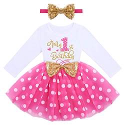 1. Geburtstag Mädchen Outfit Erster Geburtstag Smash Party Baby Fotoshooting Langarm Prinzessin Tütü Tüllkleid+Pailletten Stirnband 2tlg Bekleidungssets Babykleidung Rosenrot Polka Dot-1st 1 Jahr von Odizli