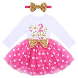 2. Geburtstag Mädchen Outfit Cake Smash Party Baby Fotoshooting Langarm Minnie Prinzessin Tütü Tüllkleid+Pailletten Stirnband 2tlg Bekleidungssets Babykleidung Rosenrot Polka Dot-2nd 2 Jahre von Odizli