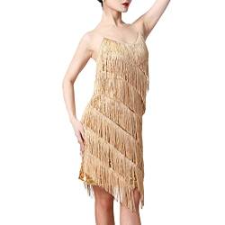 20er Jahre Kleid Frauen Damen Vintage Retro Flapper Great Gatsby Glitzer Pailletten Fransenkleid 1920er Hochzeit Party Charleston Kostüm Spaghettiträger Sexy Minikleid Kurz Latein Tanzkleid Gold 3XL von Odizli