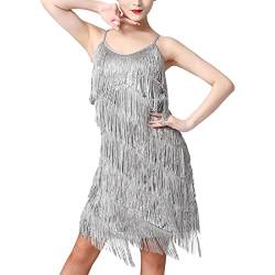 20er Jahre Kleid Frauen Damen Vintage Retro Flapper Great Gatsby Glitzer Pailletten Fransenkleid 1920er Hochzeit Party Charleston Kostüm Spaghettiträger Sexy Minikleid Kurz Latein Tanzkleid Grau XL von Odizli