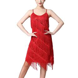 20er Jahre Kleid Frauen Damen Vintage Retro Flapper Great Gatsby Glitzer Pailletten Fransenkleid 1920er Hochzeit Party Charleston Kostüm Spaghettiträger Sexy Minikleid Kurz Latein Tanzkleid Rot XXL von Odizli