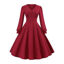 Abendkleider Elegant für Hochzeit Rockabilly Kleider Damen 50er Jahre Vintage Langarm Coctailkleid Petticoat Kleid Festlich Hochzeitsgäste Partykleid Abschlusskleid Herbst Winterkleid Burgund#1 XL von Odizli