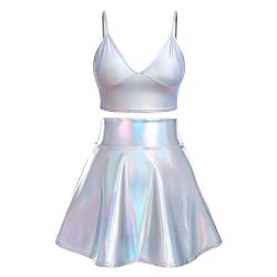 Alien Kostüm Damen Frauen Sexy Metallic Glitzer Bauchtanz Oberteil Crop Top+Faltenrock Mini Skater Röcke Kawaii 90er Jahre Burning Halloween Karneval Party Festival Rave Outfit Laser Silber #B L von Odizli