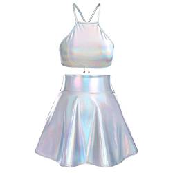 Alien Kostüm Damen Frauen Sexy Metallic Glitzer Bauchtanz Oberteil Crop Top+Faltenrock Mini Skater Röcke Kawaii 90er Jahre Burning Halloween Karneval Party Festival Rave Outfit Laser Silber #D M von Odizli