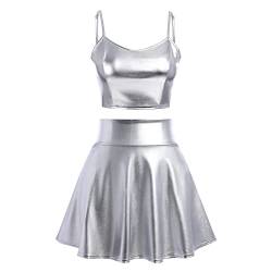 Alien Kostüm Damen Sexy Spaghettiträger Metallic Glitzer Oberteil Crop Top+Faltenrock Mini Skater Röcke Kawaii 90er Jahre Burning Halloween Karneval Party Festival Rave Outfit Silber #E S von Odizli