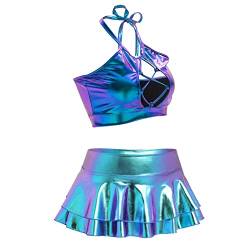 Alien Kostüm Damen Silber Frauen Sexy Metallic Glitzer Bauchtanz Oberteil Crop Top+Faltenrock Mini Skater Röcke Kawaii 90er Jahre Burning Halloween Karneval Party Festival Rave Outfit Laser Blue XL von Odizli