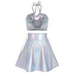 Alien Kostüm Damen Silber Frauen Sexy Metallic Glitzer Oberteil Crop Top+Faltenrock Mini Skater Röcke Kawaii 90er Jahre Burning Halloween Karneval Party Festival Rave Outfit Laser Silber-Aushöhlen S von Odizli