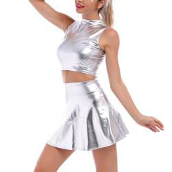 Alien Kostüm Damen Silber Frauen Sexy Metallic Glitzer Oberteil Crop Top+Faltenrock Mini Skater Röcke Kawaii 90er Jahre Burning Halloween Karneval Party Festival Rave Outfit Silber-Hoher Kragen XL von Odizli