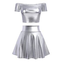 Alien Kostüm Damen Silber Frauen Sexy Metallic Glitzer Oberteil Crop Top+Faltenrock Mini Skater Röcke Kawaii 90er Jahre Burning Halloween Karneval Party Festival Rave Outfit Silber-Schulterfrei S von Odizli