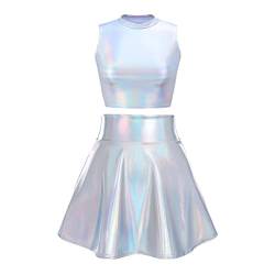 Alien Kostüm Damen Silber Sexy Metallic Glitzer Oberteil Crop Top+Faltenrock Mini Skater Röcke Kawaii 90er Jahre Burning Halloween Karneval Party Festival Rave Outfit Laser Silber-Hoher Kragen L von Odizli