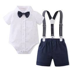 Anzug Baby Jungen Kurzarm Strampler Hemd + Fliege + Hosenträger + Shorts Hochzeit Festlich Taufe Babykleidung 1. Geburtstags Outfit Taufkleidung Taufanzug Taufbekleidung Weiß + Dunkelblau 6-9 Monate von Odizli