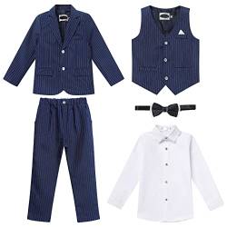 Anzug Kinder Jungen Festlich Hochzeit Einschulung Kleidung Set Gentleman Langarm Hemd + Weste + Blazer Sakkos + Hose + Fliege 5tlg Outfit Geburtstag Kinderanzüge Blau Gestreifter 11-12 Jahre von Odizli