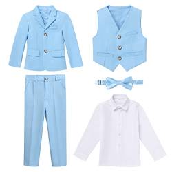 Anzug Kinder Jungen Festlich Hochzeit Einschulung Kleidung Set Gentleman Langarm Hemd + Weste + Blazer Sakkos + Hose + Fliege 5tlg Outfit Geburtstag Taufkleidung Kinderanzüge Himmelblau 5-6 Jahre von Odizli