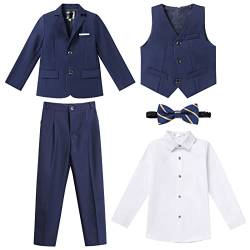 Anzug Kinder Jungen Festlich Hochzeit Einschulung Kleidung Set Gentleman Langarm Hemd + Weste + Blazer Sakkos + Hose + Fliege 5tlg Outfit Geburtstag Taufkleidung Kinderanzüge Navy Blau#1 5-6 Jahre von Odizli