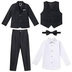 Anzug Kinder Jungen Festlich Hochzeit Einschulung Kleidung Set Gentleman Langarm Hemd + Weste + Blazer Sakkos + Hose + Fliege 5tlg Outfit Geburtstag Taufkleidung Kinderanzüge Schwarz#2 5-6 Jahre von Odizli