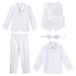 Anzug Kinder Jungen Festlich Hochzeit Einschulung Kleidung Set Gentleman Langarm Hemd + Weste + Blazer Sakkos + Hose + Fliege 5tlg Outfit Geburtstag Taufkleidung Kinderanzüge Weiß 7-8 Jahre von Odizli