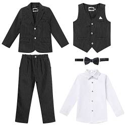 Anzug Kinder Jungen Festlich Hochzeit Einschulung Kleidung Set Langarm Hemd + Weste + Blazer Sakkos + Hose + Fliege 5tlg Outfit Geburtstag Taufkleidung Kinderanzüge Schwarz Gestreifter 6-7 Jahre von Odizli