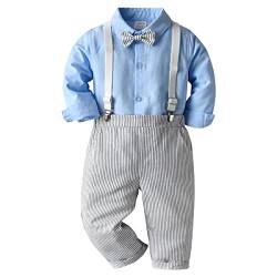 Baby Anzug Junge Neugeborenen kinder kleidung Langarm Hemd+Hosenträger+Fliege+Hosen 4tlg Bekleidungssets Gentleman Hochzeit Festliche Taufe Geburtstag Set Fotoshooting Blau Streifen 12-18 Monate von Odizli