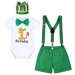 Baby Junge 1. Geburtstag Outfit Safari Urwald Wild One Baumwolle Body Strampler+Hosenträger+Shorts+Krone Stirnband 4tlg Bekleidungssets Erster Geburtstagsparty Taufe Fotoshooting Grün-Löwe 1 Jahr von Odizli