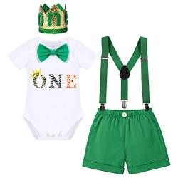 Baby Junge 1. Geburtstag Outfit Safari Urwald Wild One Baumwolle Body Strampler+Hosenträger+Shorts+Krone Stirnband 4tlg Bekleidungssets Erster Geburtstagsparty Taufe Fotoshooting Grün-Tiger 1 Jahr von Odizli