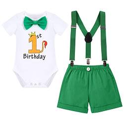 Baby Junge 1. Geburtstag Outfit Safari Urwald Wild One Baumwolle Body Strampler+Hosenträger+Shorts 3tlg Bekleidungssets Taufe Kleidung Erster Geburtstagsparty Fotoshooting Grün-Löwe 3PCS 1 Jahr von Odizli