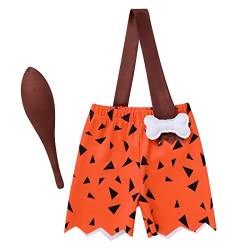 Baby Jungen Bam Bam Kostüm Kinder Fred Feuerstein Historische Steinzeit Caveman Shorts mit Knüppel Stone Age Verkleidung Halloween Karneval Party Cosplay Faschingskostüme Orange Junge 5-6 Jahre von Odizli