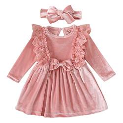 Baby Kleid Mädchen Langarm Spitze A Line Prinzessin Weihnachtskleid Hochzeit Festlich Einschulung Samtkleid + Stirnband Babykleidung 1 Geburtstag Taufkleid Herbst Winter Kleidung Rosa 12-18 Monate von Odizli