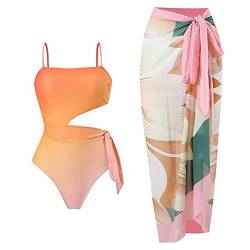 Badeanzug Damen Bauchweg Sexy V Ausschnitt Blume Druck Monokini Tankini Swimsuit Bademode + Wickelrock Pareo Sarong Tuch Zweiteiler Badekleid Schwimmanzug Sommer Strandkleid Strandmode Orange-9 M von Odizli