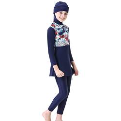 Badeanzug Mädchen Kinder Burkini Muslim Muslimische Full Cover Schwimmanzug Islamisch Arabisch Jilbab Top Shorts Hijab Surfen Outfit Ganzkörper Modest Bademode Dunkelblau Langarm 9-10 Jahre von Odizli