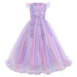 Blumenmädchenkleid Prinzessin Kleid Mädchen Kinder Party Boho Tüllkleid Erstkommunion Hochzeit Brautjungfer Puffy Lang Abendkleid Geburtstag Festliche Weihnachten Ballkleid Lila Regenbogen 5-6 Jahre von Odizli