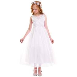 Blumenmädchenkleider Prinzessin Kleid Mädchen Kinder Ärmellos Blumen Spitze Stickerei Festliche Tüllkleid Hochzeit Erstkommunion Geburtstag Partykleid Langes Abendkleid Ballkleid Weiß 8-9 Jahre von Odizli