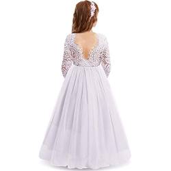 Blumenmädchenkleider Prinzessin Kleid Mädchen Kinder Langarm Spitze Rückenfreies A-Linie Tüllkleid Festliche Hochzeit Erstkommunion Geburtstag Partykleid Abendkleid Lang Ballkleid Weiß 11-12 Jahre von Odizli