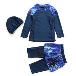 Burkini Mädchen Kinder Muslim Badeanzug Full Cover Schwimmanzug Muslimische Tankini Islamisch Arabisch Jilbab Langarm Schwimmoberteile+Shorts Badehose+Hijab 3tlg Modest Bademode Blau 9-10 Jahre von Odizli