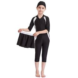 Burkini Mädchen Kinder Muslim Badeanzug Full Cover Schwimmanzug Muslimische Tankini Islamisch Arabisch Jilbab Langarm Schwimmoberteile+Shorts Badehose+Hijab 3tlg Modest Bademode Schwarz#2 9-10 Jahre von Odizli