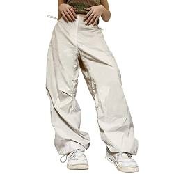 Cargohose Damen Baggy Y2K Parachute Pants Frauen High Waist Fallschirm Hose Vintage Track Pants Hip Hop Freizeithose Jogginghose Teenager Mädchen 90er E-Girl Streetwear Hose mit Taschen Beige L von Odizli