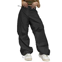 Cargohose Damen Baggy Y2K Parachute Pants Frauen High Waist Fallschirm Hose Vintage Track Pants Hip Hop Freizeithose Jogginghose Teenager Mädchen 90er E-Girl Streetwear Hose mit Taschen Schwarz S von Odizli