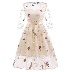 Damen 1950er Vintage Blumenstickerei 3/4 Ärmel Mesh Midi Swing Kleid Ausschnitt Rücken, aprikose, Groß von Odizli