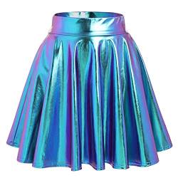 Damen 80er 90er Tellerrock Frauen Lack Lederrock Wetlook Holographic Mini Skater Kurz Rock Metallic Glitzer Faltenrock Neon Party Karneval Fasching Rave Outfit Space Alien Kostüm Laserblau M von Odizli