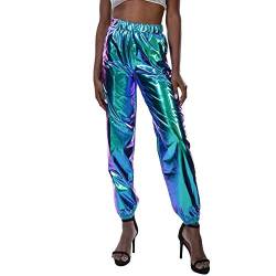 Damen Metallic Hose Glänzend Wetlook Cargohose Sporthose 80er Jahre Kleidung 90er Jahre Outfit Hologramm Hip Hop Leggings Jogginghose Sweathose Tanzhosen Party Disco Nachtclub Clubwear Blau L von Odizli