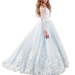 Erstkommunion Kleid Kommunionkleid Kinder Langarm Spitze Prinzessin Tüllkleid Blumenmädchenkleider Festliches Hochzeit Brautkleid Geburtstag Partykleid Ballkleid Lang Abendkleid Blau 10-11 Jahre von Odizli