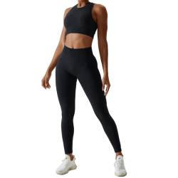 Gym Set Damen Zweiteiler Frauen BH Oberteile Crop Tops+High Waist Leggings Lang Leggins Workout Outfit Yoga Sportanzug Sportkleidung Fitness Bekleidung Sportsachen Trainingsanzug Schwarz Leggings S von Odizli