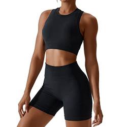 Gym Set Damen Zweiteiler Frauen Sport BH Oberteile Crop Tops+High Waist Shorts Workout Outfit Yoga Kleidung Sportanzug Sportkleidung Fitness Bekleidung Sportsachen Trainingsanzug Schwarz Shorts M von Odizli