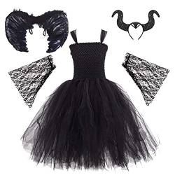 Halloween Kostüm Kinder Mädchen Maleficent Teufel Hexenkostüm Prinzessin Gestricktes Tüllkleid Festkleid Engelsflügel Hörner Teufelshörner Karneval Party Cosplay Faschingskostüme 2#Schwarz 5-6 Jahre von Odizli