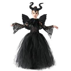 Halloween Kostüm Kinder Mädchen Maleficent Teufel Hexenkostüm Prinzessin Gestricktes Tüllkleid Festkleid Engelsflügel Hörner Teufelshörner Karneval Party Cosplay Faschingskostüme 3#Schwarz 4-5 Jahre von Odizli